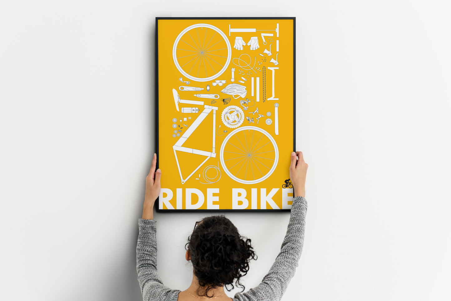 Ride Bike Poster – Minimal Cycling Blueprint Wall Art Print in Yellow