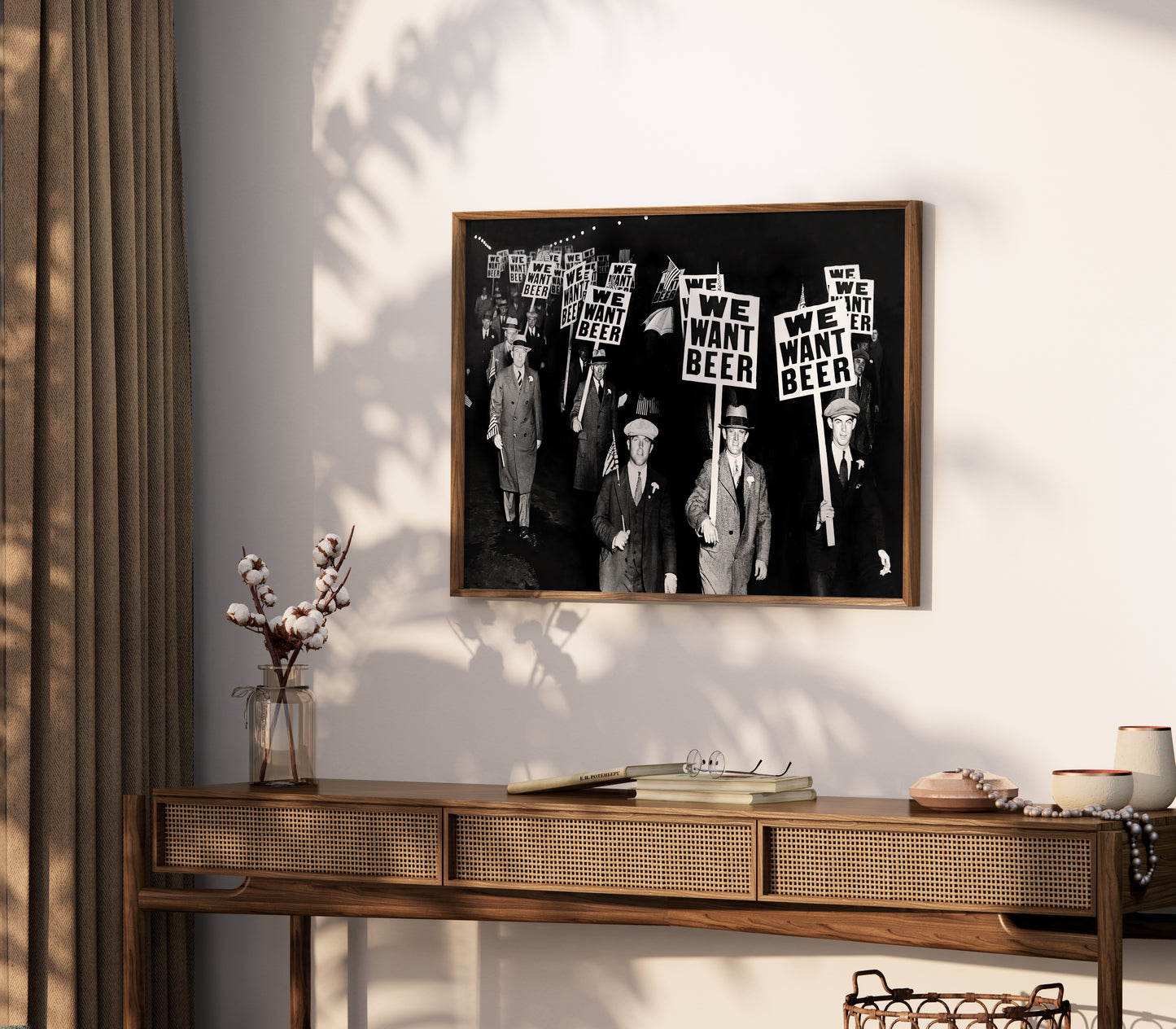 We Want Beer Poster – Vintage Black and White Protest Wall Art Print