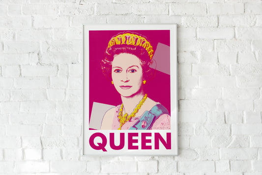 Andy Warhol Queen Elizabeth II print with vivid pop art portrait and QUEEN typography for gallery wall decor