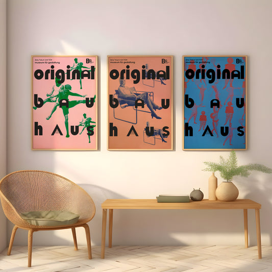 Bauhaus poster set with bold typography and colorful figure artwork for entryway wall art