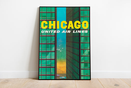 Chicago travel poster with green skyscrapers, yellow city lettering, sailboats and vintage cars