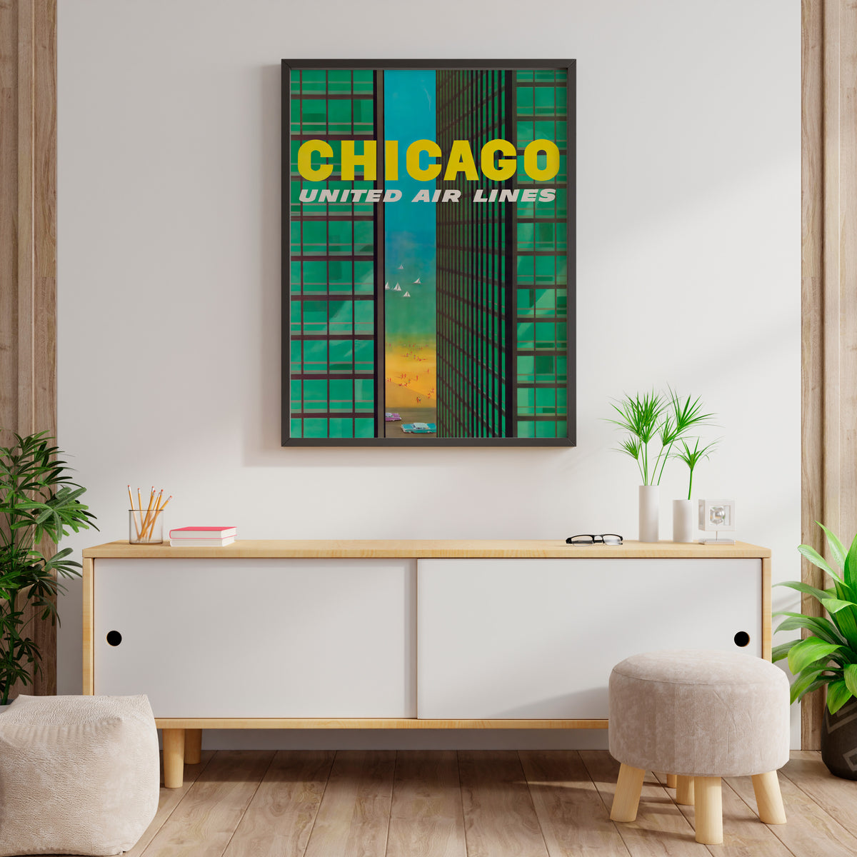 United Air Lines Chicago poster with bold yellow type and green towers in a living room
