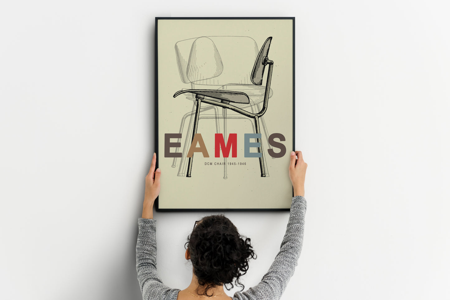 Hand drawn modern chair study with textured paper look and bold EAMES typography