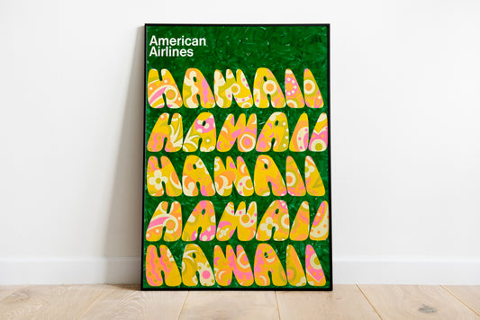 Large Hawaii poster held against a plain living room wall