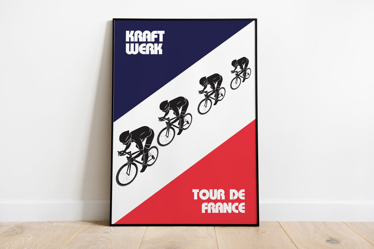 Kraftwerk Tour de France poster with four cyclists and tricolor artwork for studio wall art