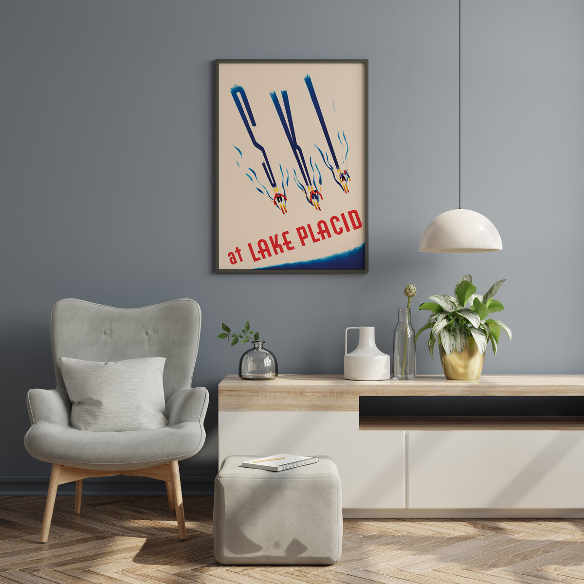 Lake Placid ski wall art with elongated blue shadows and a cream background for living room decor