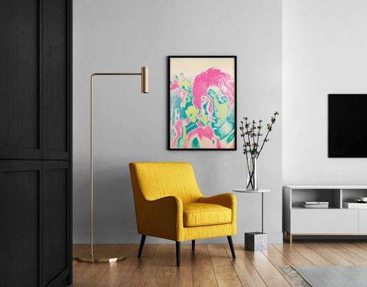 Paul McCartney floral pop-art poster in pink and teal for living room wall decor