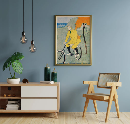 Retro bicycle gentleman cyclist print with textured landscape artwork for gallery wall art