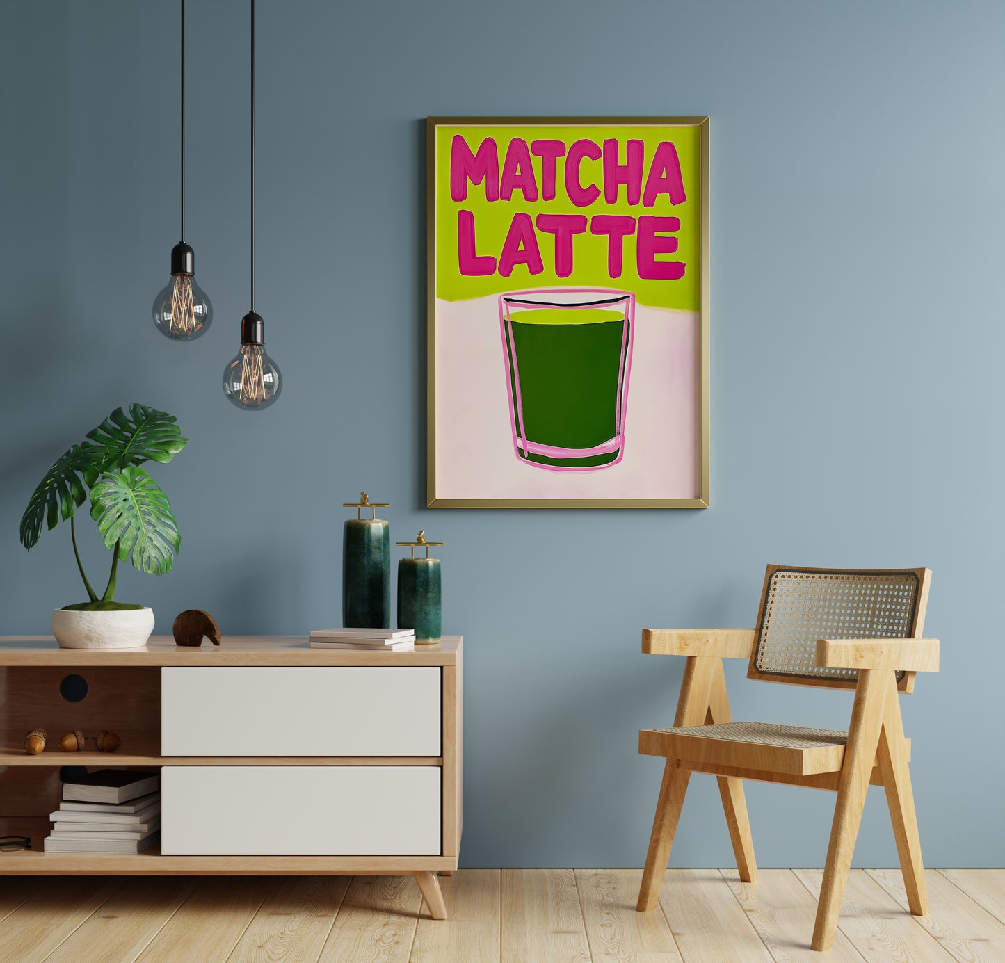 matcha latte poster on blue wall, bold drink print for colorful interiors