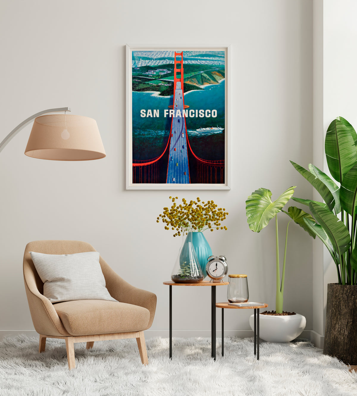 Retro San Francisco travel print featuring the Golden Gate Bridge in a living room reading area