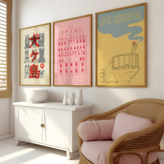 Grand Budapest and Life Aquatic poster set with illustrated film artwork for studio wall art