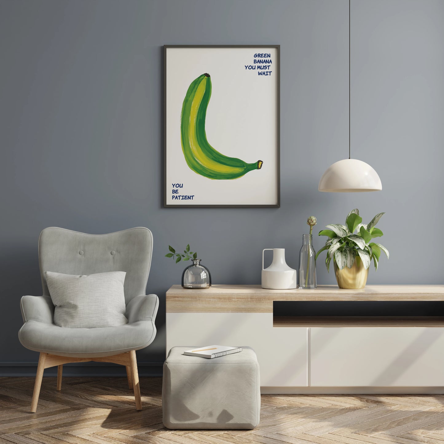Green banana print with playful blue text and food illustration for dining room wall art