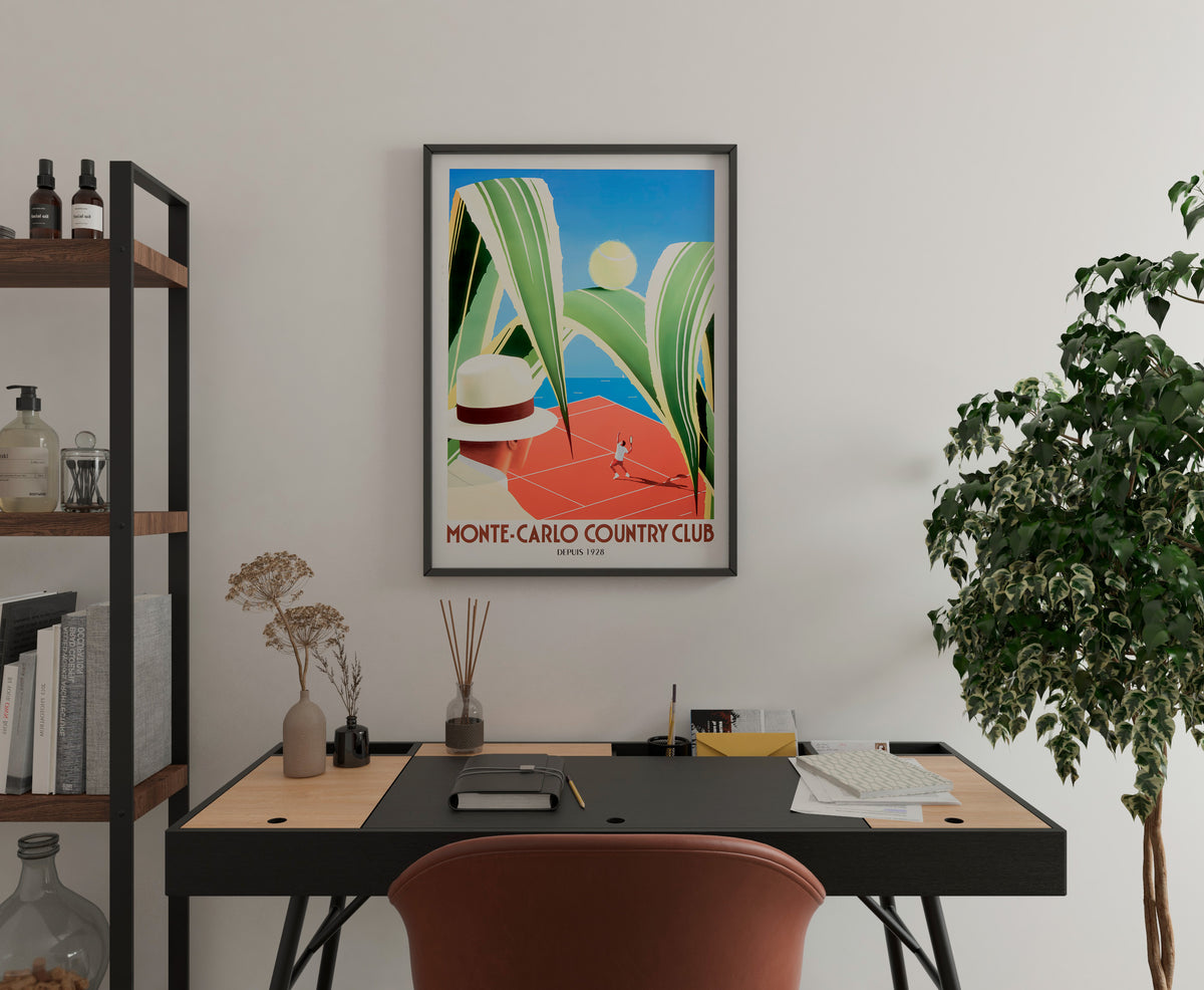 Monte-Carlo Country Club poster with a clay-court tennis scene displayed in a home office