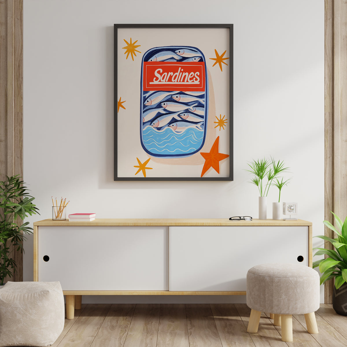 Sardine print with fish-filled tin and orange star details displayed in a styled interior