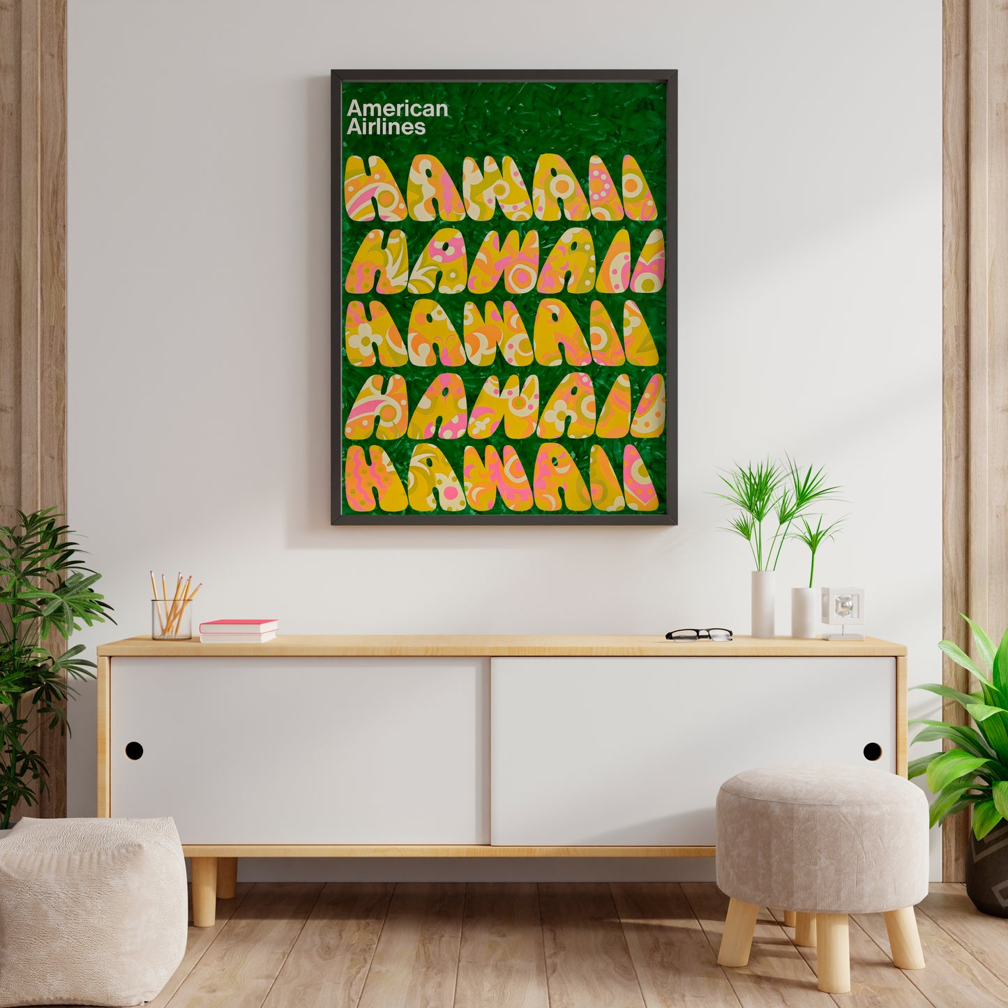 Vintage Hawaii print leaning against a minimal apartment wall
