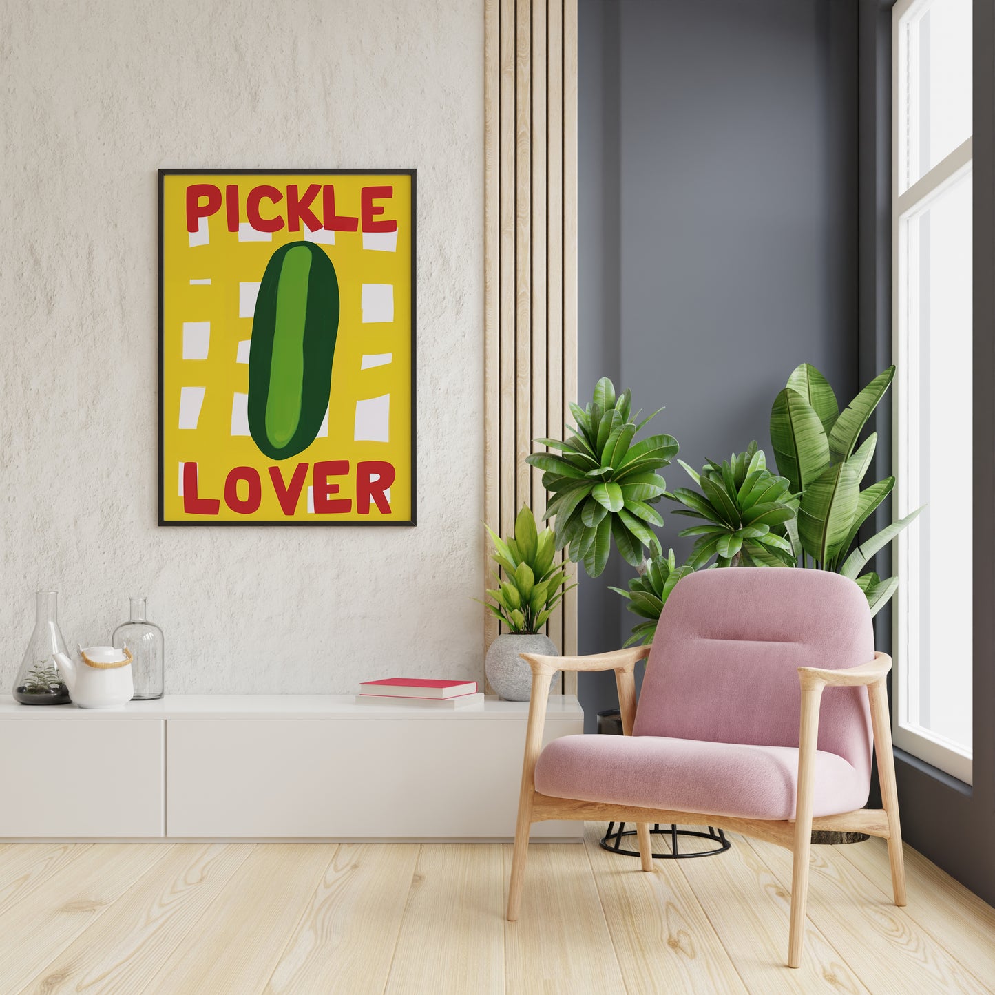 Pickle Lover kitchen print with green pickle and red typography on yellow background