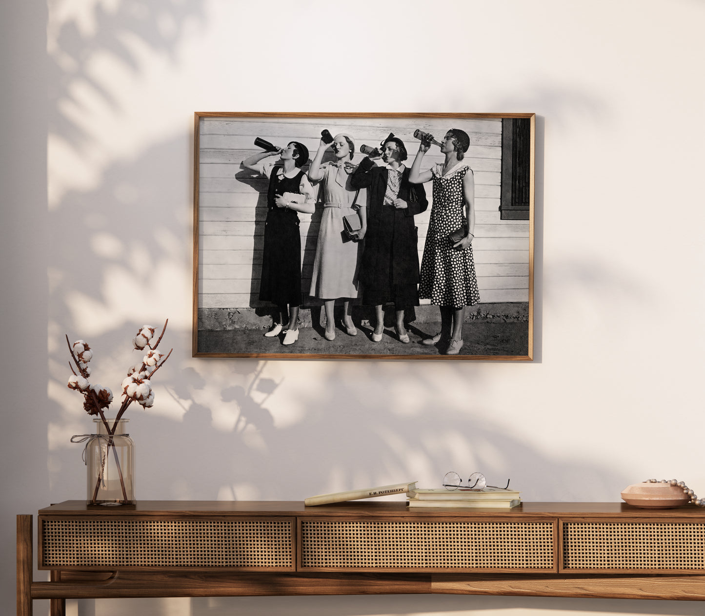 Vintage women drinking poster for bar decor in black and white style
