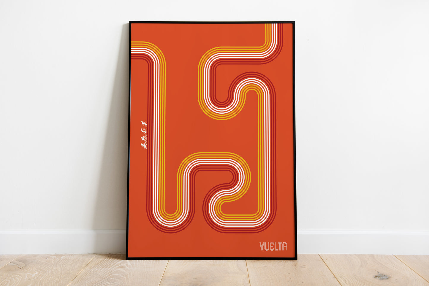 Vuelta poster with orange abstract cycling route line artwork for sports room wall art