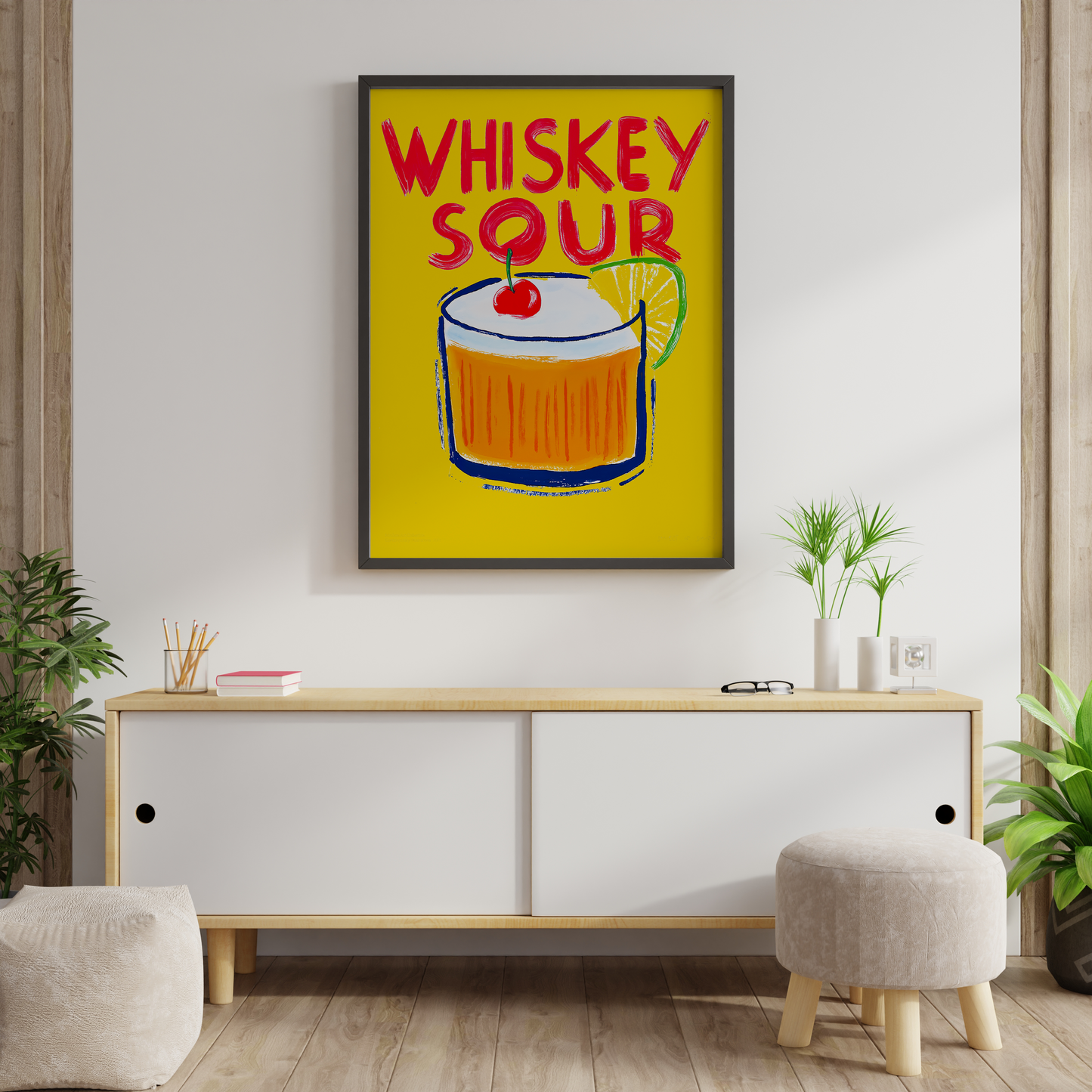 Whiskey sour wall art adding color to a lounge corner