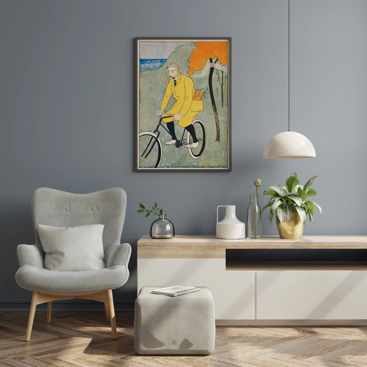 Yellow coat cyclist poster with vintage bicycle artwork for living room wall art