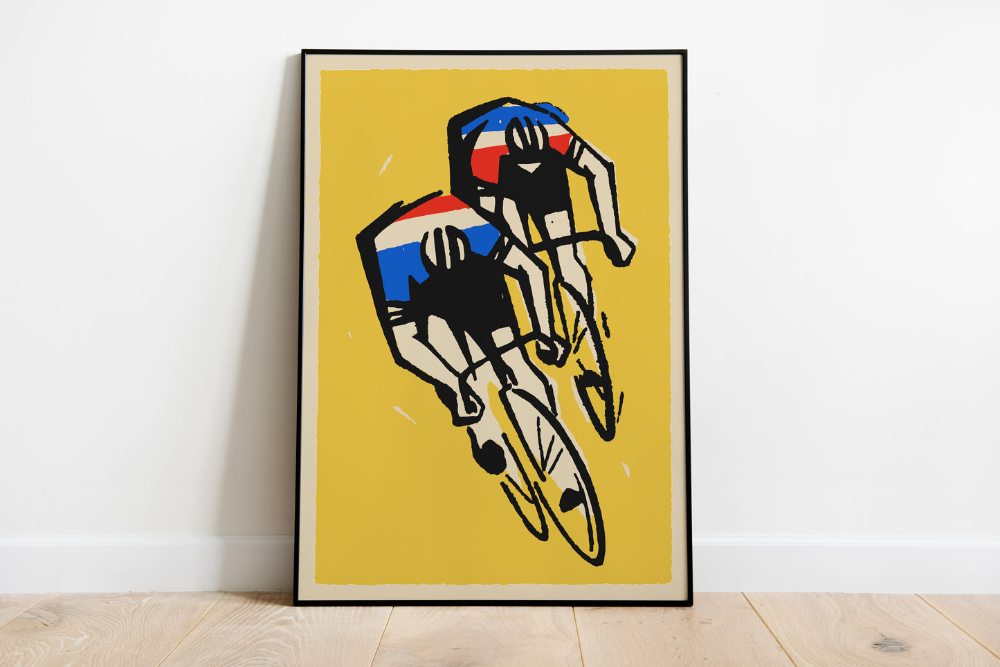 Yellow road cycling poster with two racing cyclists for living room wall art