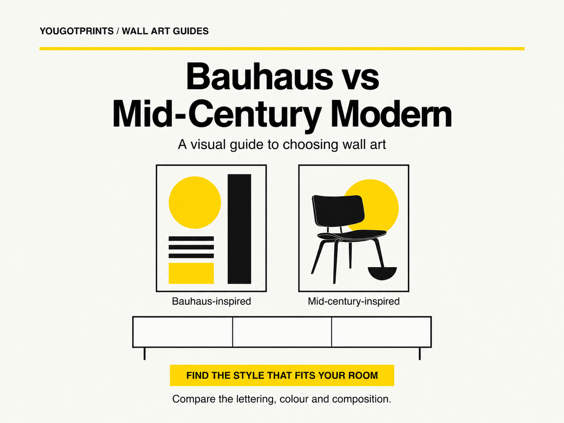 Bauhaus-inspired geometric art and a mid-century chair illustration displayed side by side in a yellow and black YouGotPrints wall art guide.