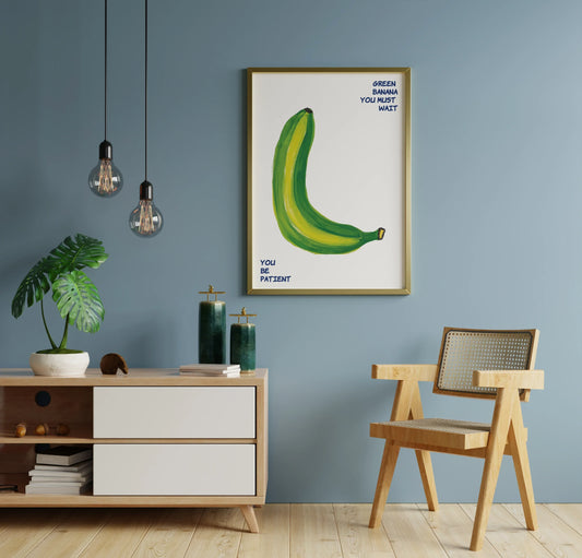 Kitchen and dining room interior with blue wall, framed banana wall art, wooden chair and modern sideboard