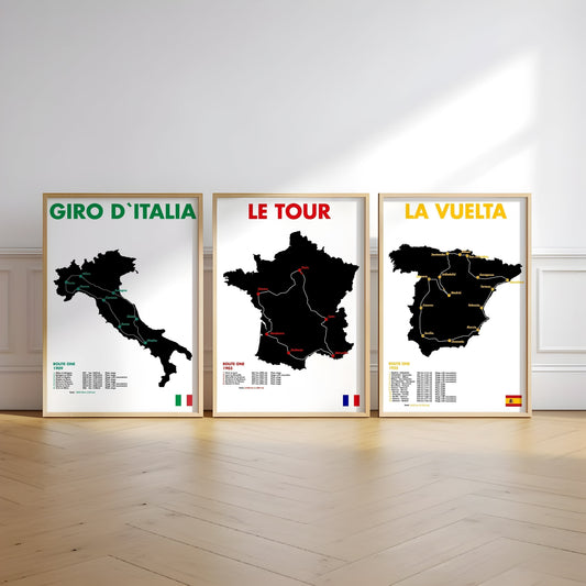 Set of 3 cycling map posters featuring Giro d’Italia, Le Tour and La Vuelta for sports room gallery wall