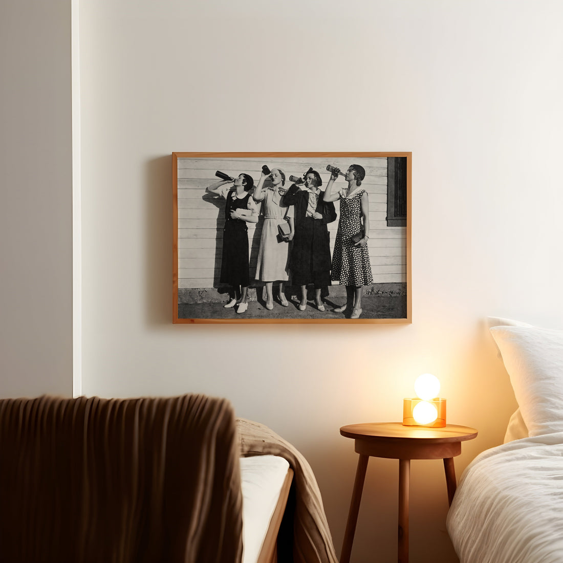 Gift wall art print in modern bedroom interior, black and white vintage style artwork above bed
