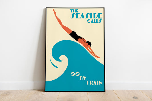 Vintage Seaside Travel Poster – Art Deco Train Advertising Wall Art Print