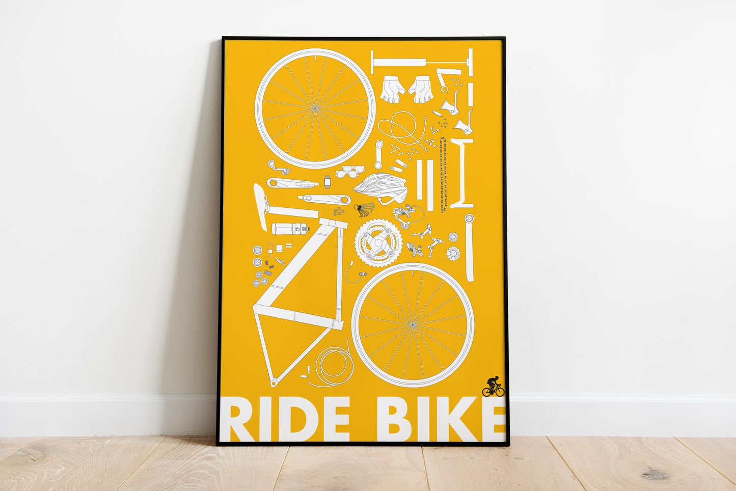 Ride Bike Poster – Minimal Cycling Blueprint Wall Art Print in Yellow