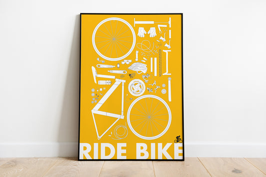 Ride Bike Poster – Minimal Cycling Blueprint Wall Art Print in Yellow