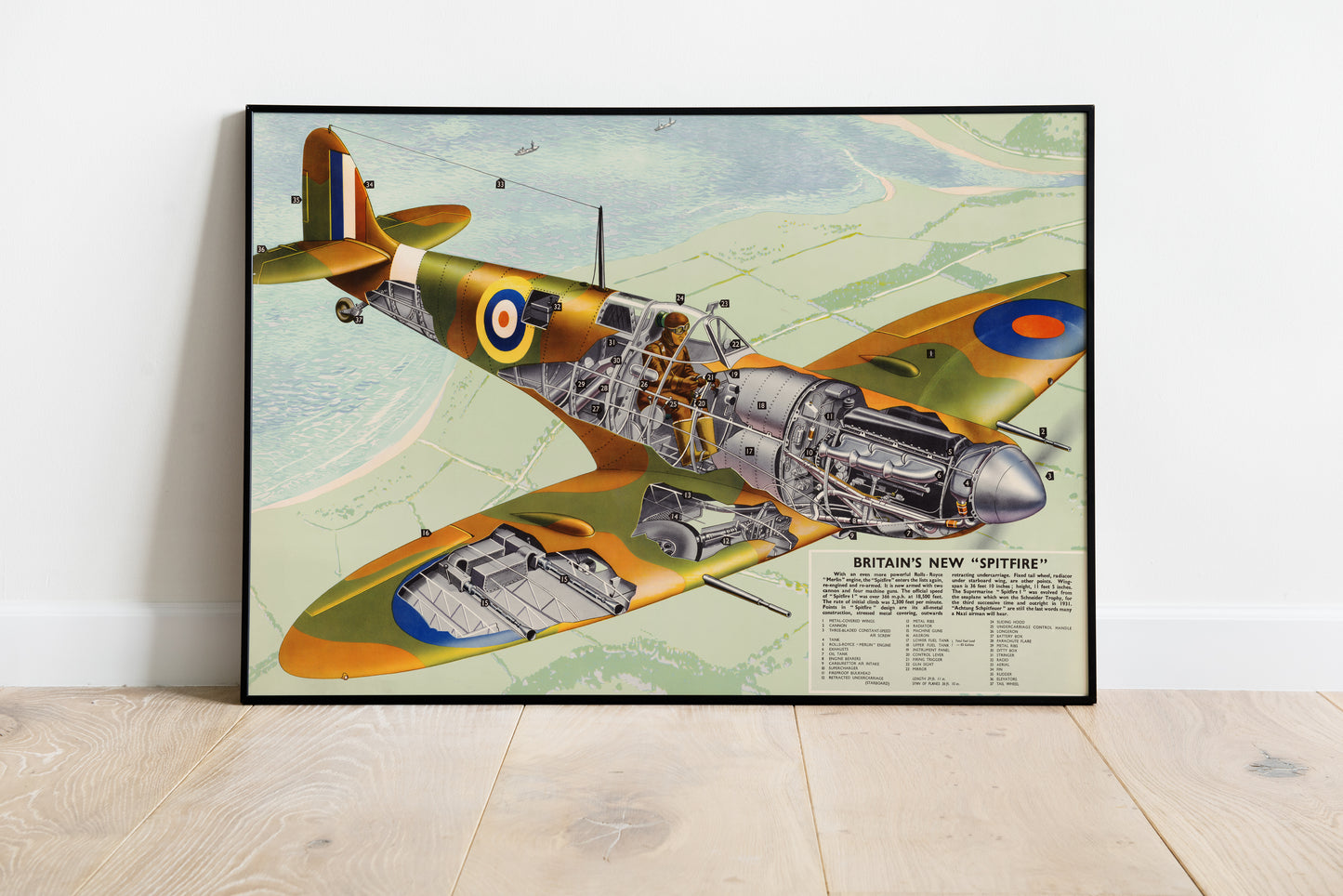 Vintage WW2 Spitfire Aircraft Cutaway Poster – Classic Aviation Wall Art Print