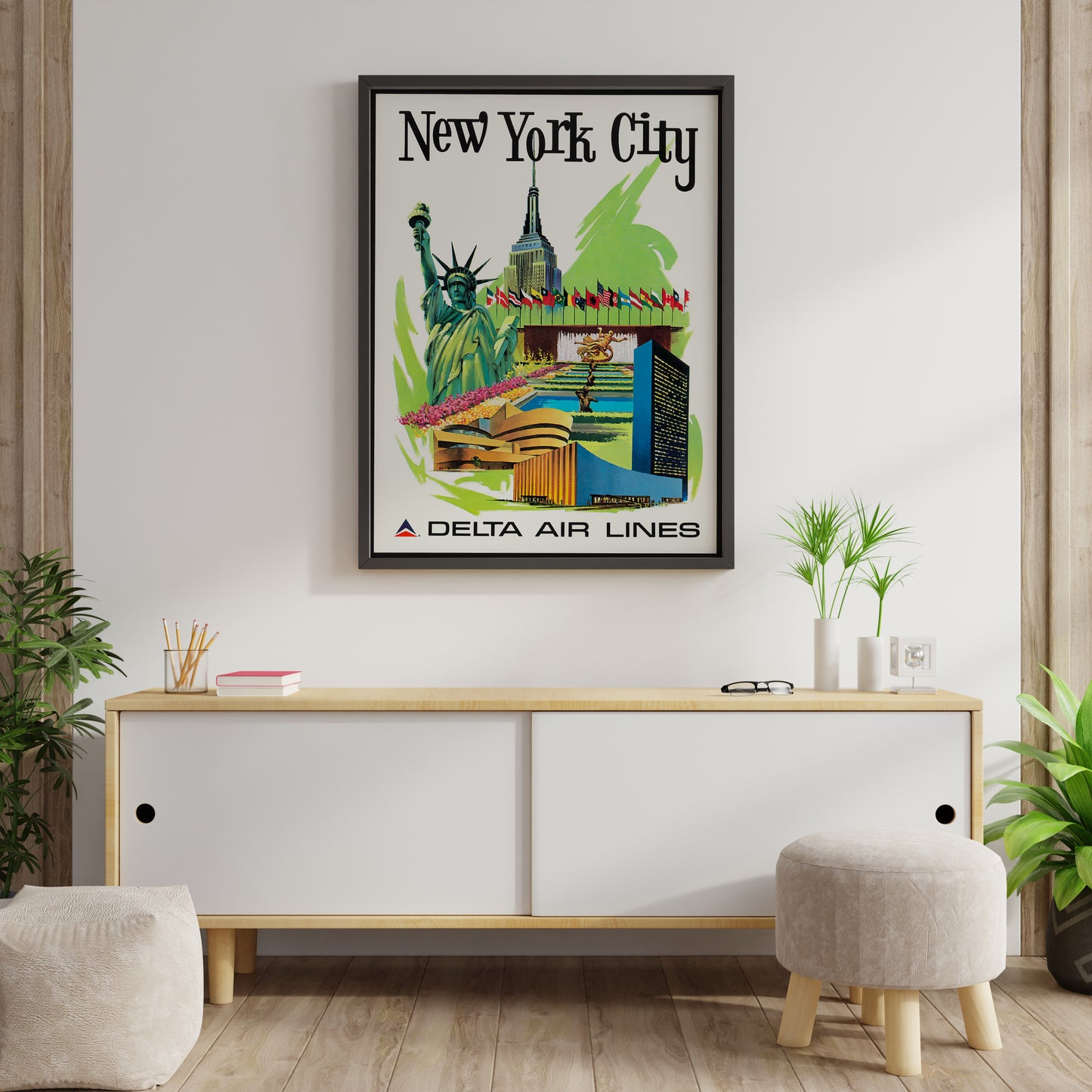New York City Vintage Airline Travel Poster – Mid Century Aviation Wall Art Print