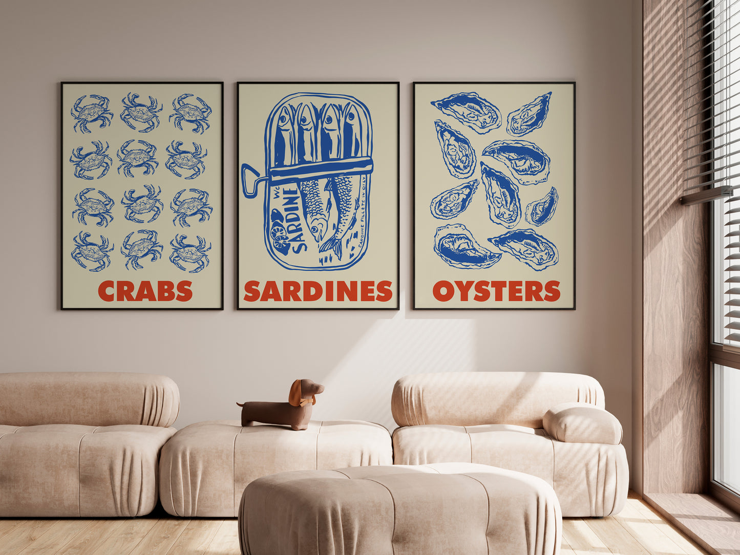 Vintage Seafood Kitchen Poster Set Crabs Sardines Oysters