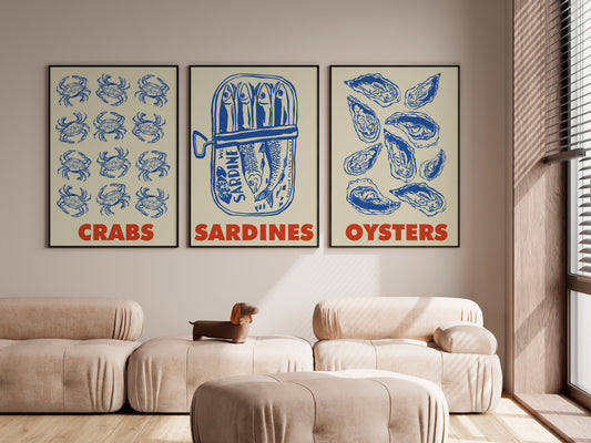 Vintage Seafood Kitchen Poster Set Crabs Sardines Oysters