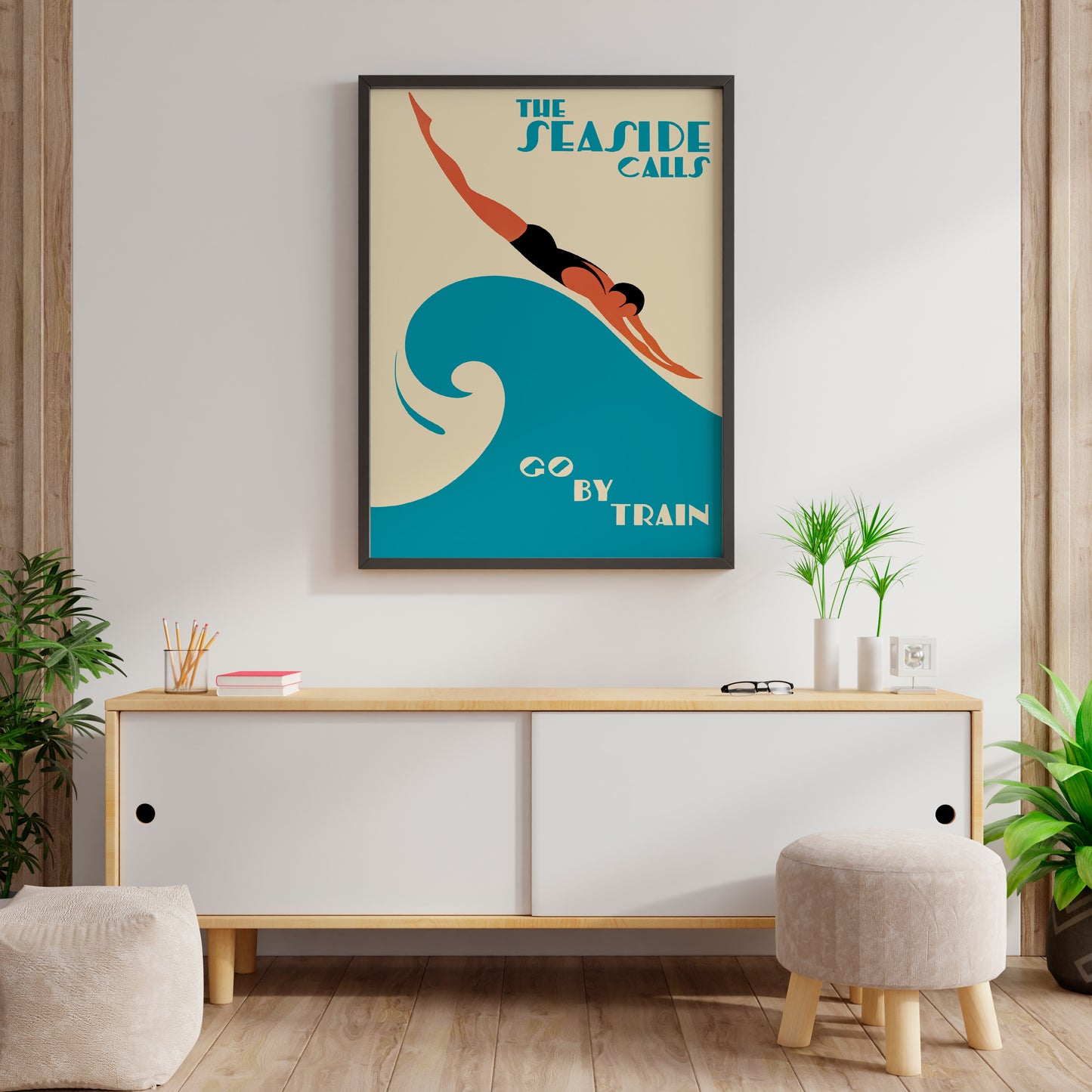 Vintage Seaside Travel Poster – Art Deco Train Advertising Wall Art Print