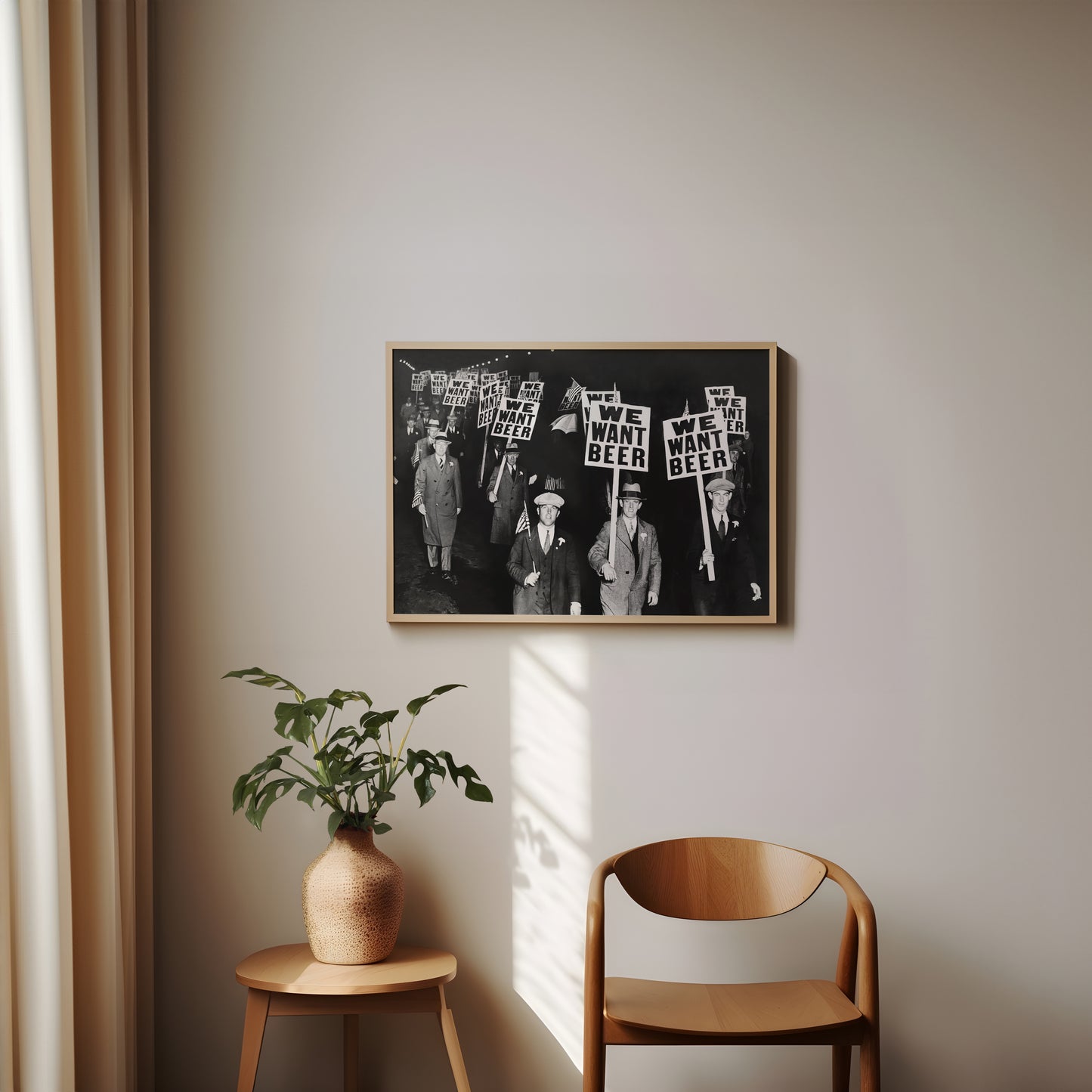 We Want Beer Poster – Vintage Black and White Protest Wall Art Print