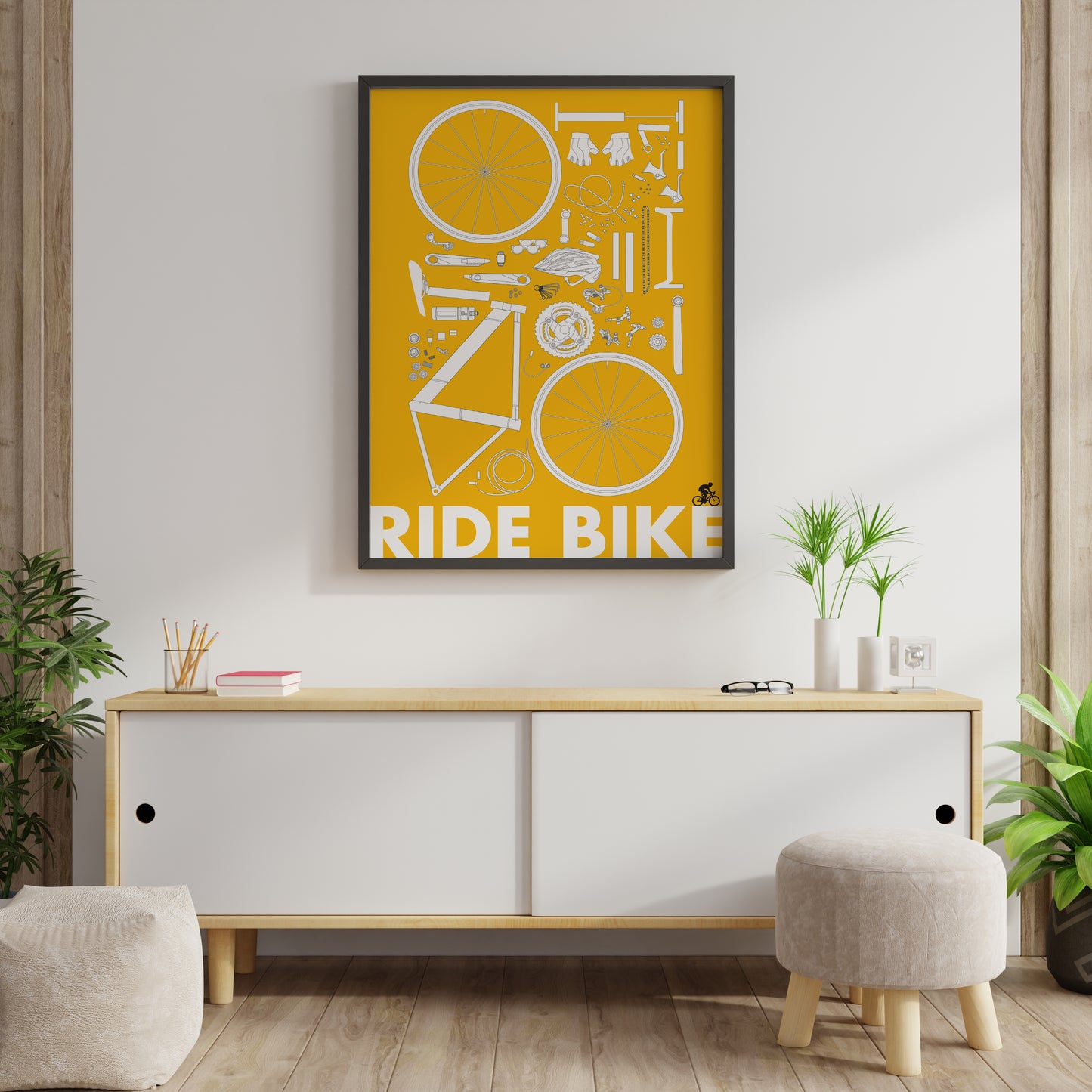 Ride Bike Poster – Minimal Cycling Blueprint Wall Art Print in Yellow