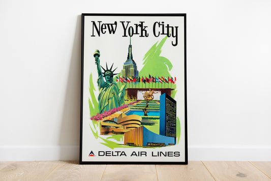 New York City Vintage Airline Travel Poster – Mid Century Aviation Wall Art Print