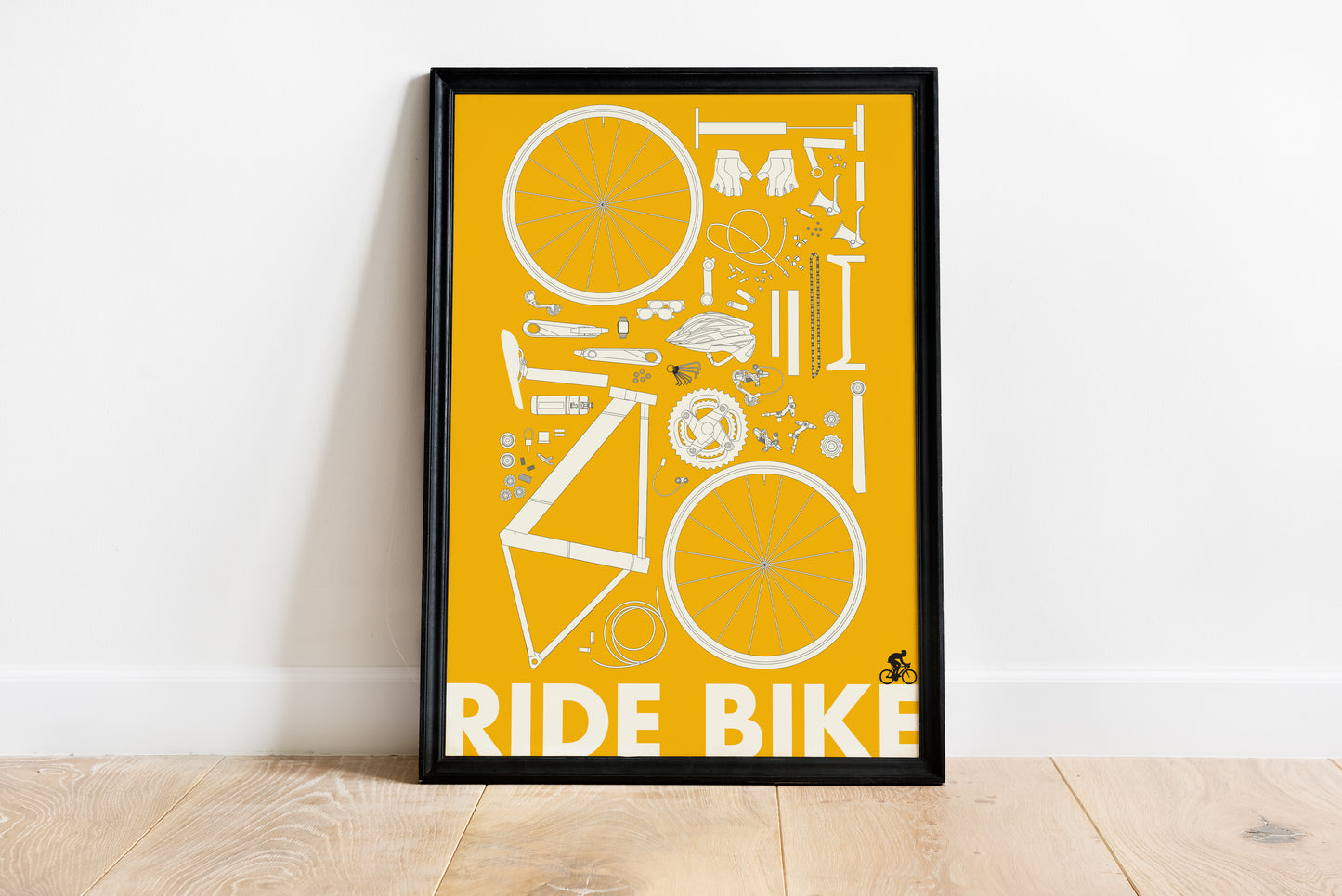 Ride Bike Poster – Minimal Cycling Blueprint Wall Art Print in Yellow