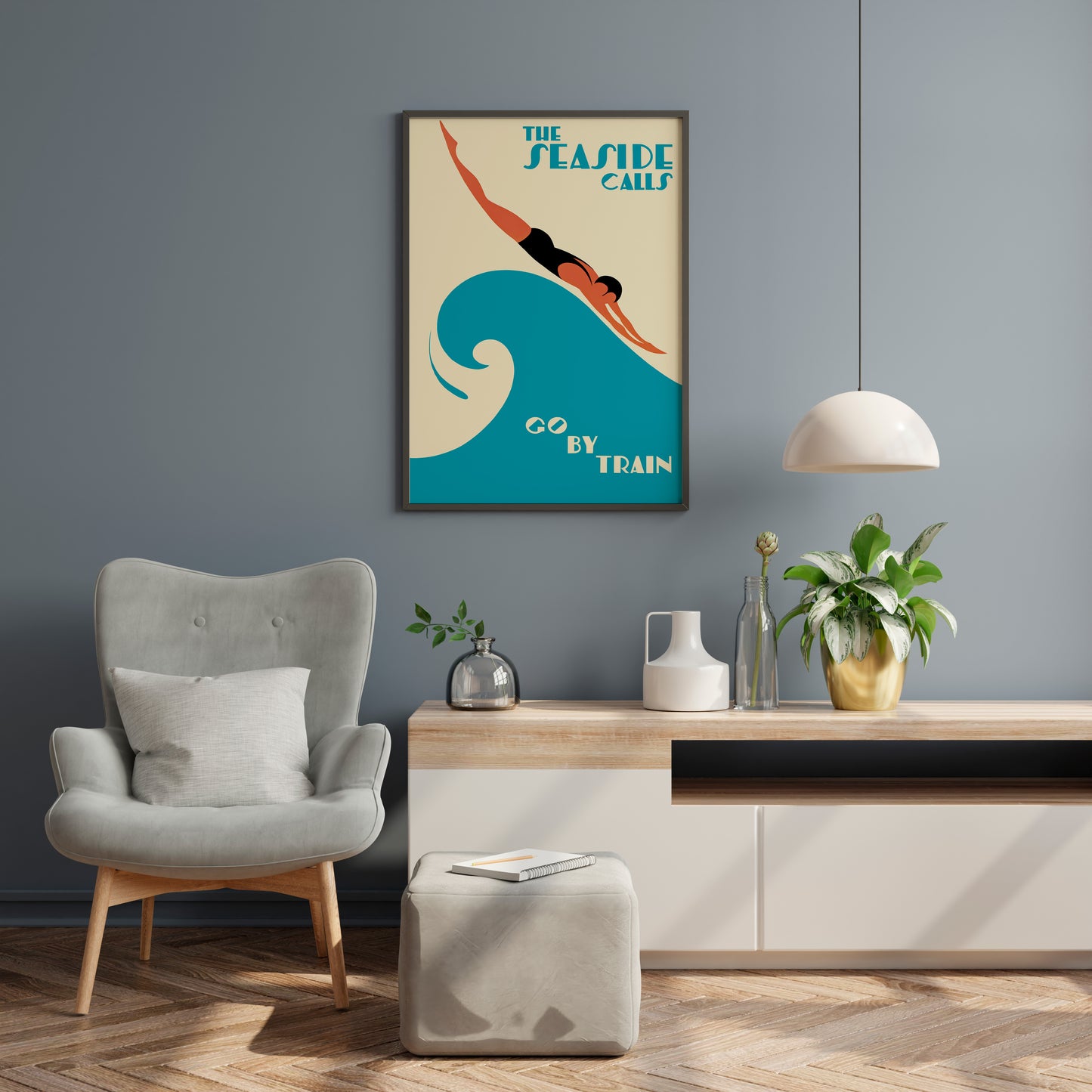 Vintage Seaside Travel Poster – Art Deco Train Advertising Wall Art Print