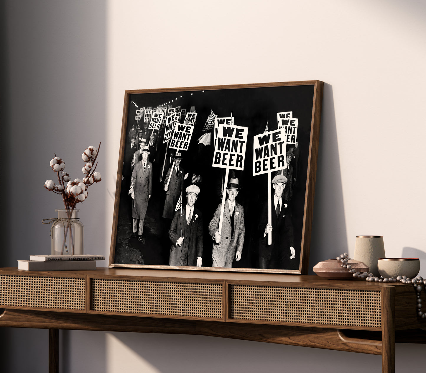 We Want Beer Poster – Vintage Black and White Protest Wall Art Print