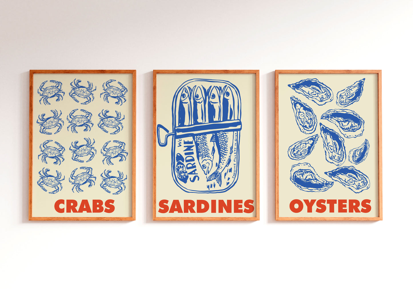 Vintage Seafood Kitchen Poster Set Crabs Sardines Oysters