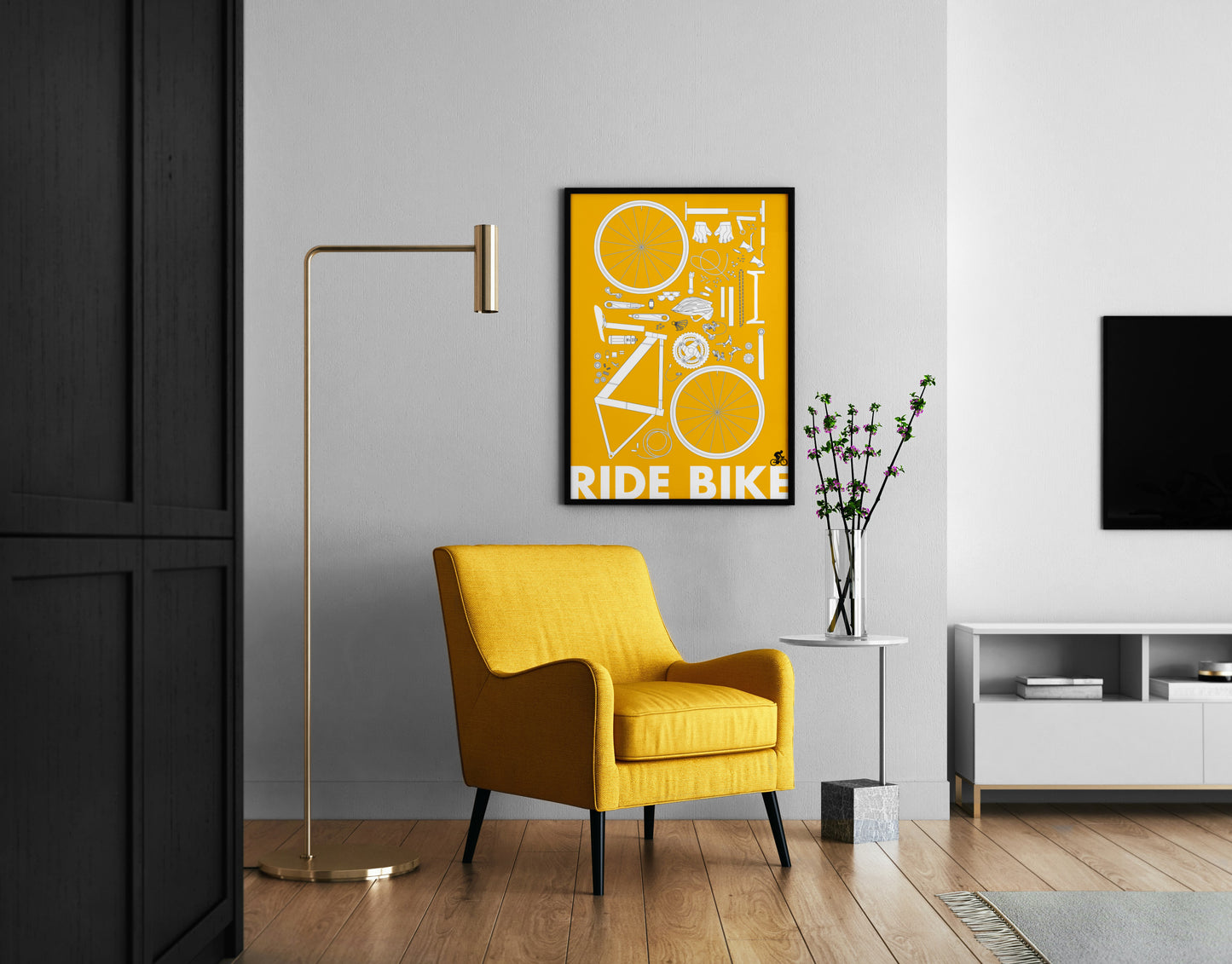 Ride Bike Poster – Minimal Cycling Blueprint Wall Art Print in Yellow