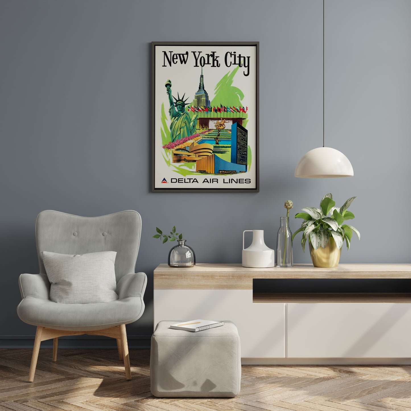 New York City Vintage Airline Travel Poster – Mid Century Aviation Wall Art Print