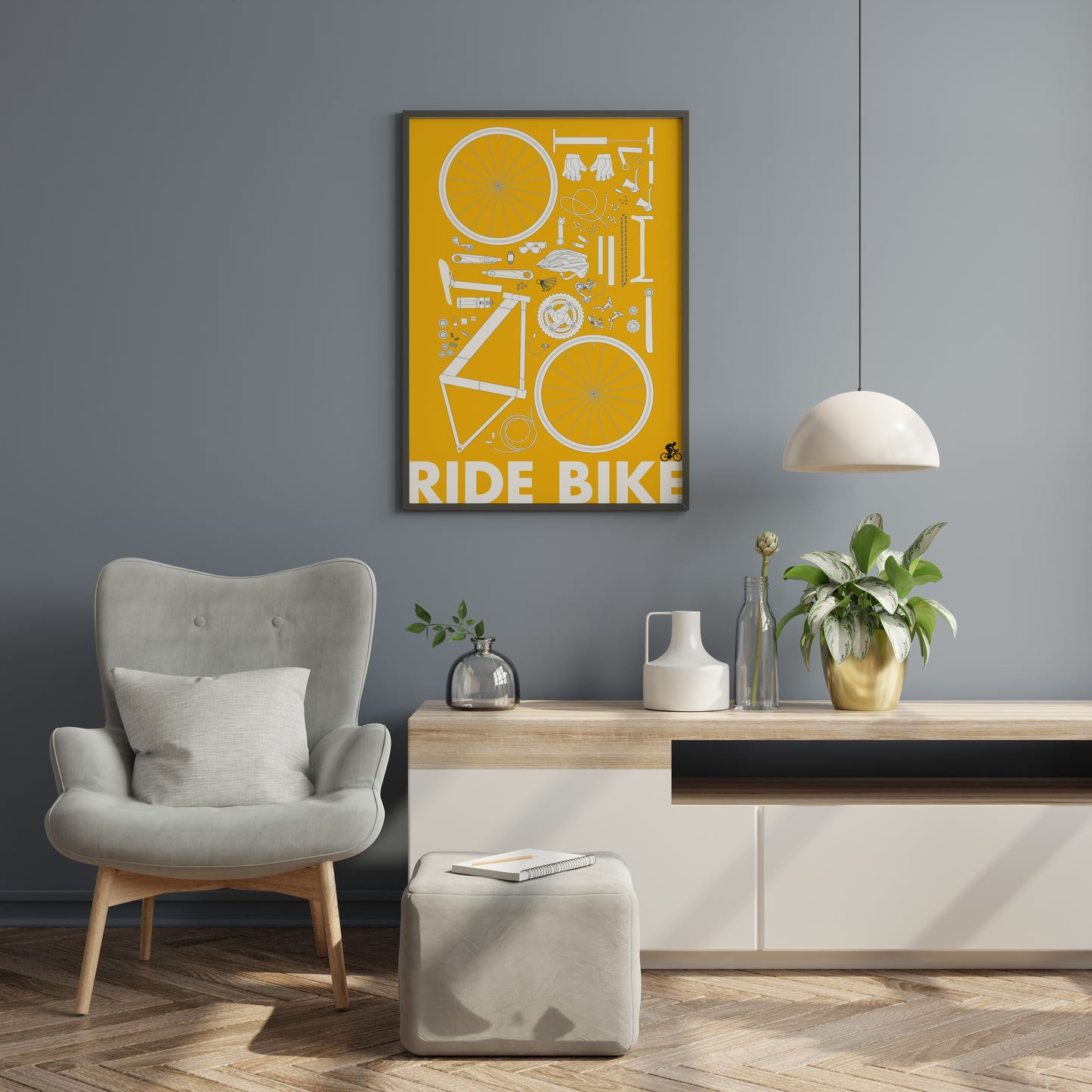 Ride Bike Poster – Minimal Cycling Blueprint Wall Art Print in Yellow