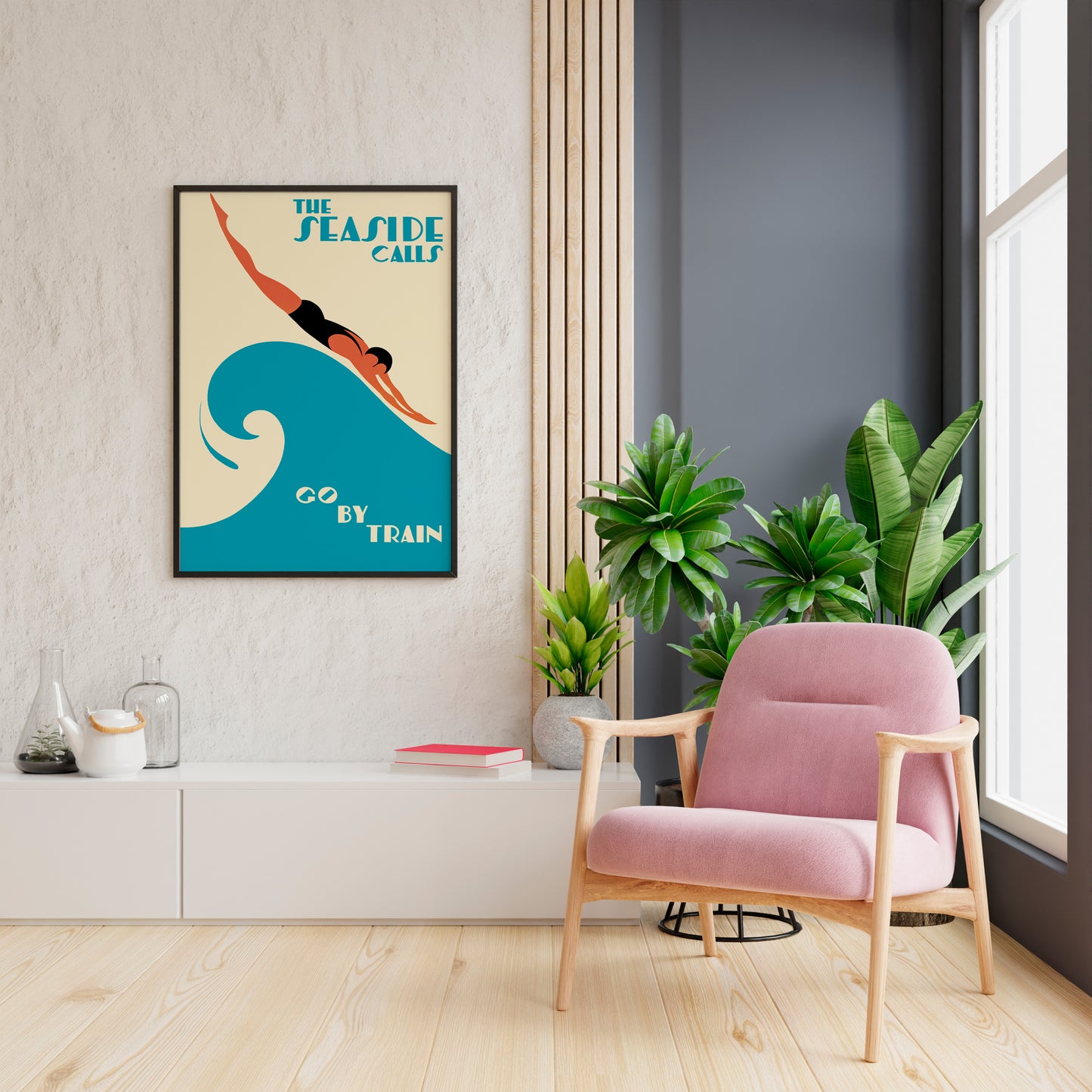 Vintage Seaside Travel Poster – Art Deco Train Advertising Wall Art Print