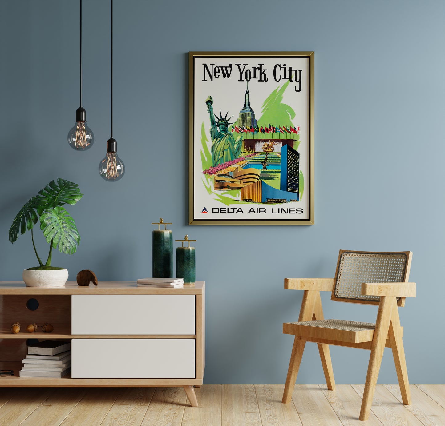 New York City Vintage Airline Travel Poster – Mid Century Aviation Wall Art Print