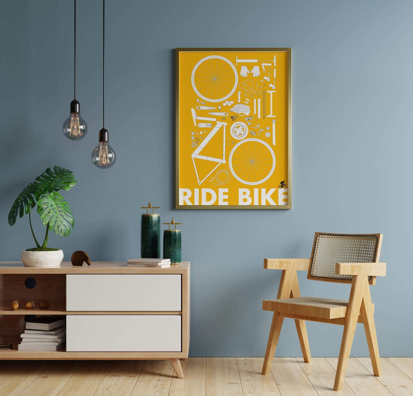Ride Bike Poster – Minimal Cycling Blueprint Wall Art Print in Yellow